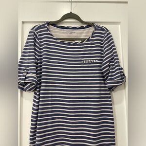 Croft & Barrow Shirt Womens XL Blue White Striped Boat Neck Short Rolltab Sleeve